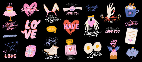 Beautiful love print with Valentines day elements. Romantic and cute elements and lovely typography. Vector hand drawn illustrations and lettering. Good for wedding, scrapbook, logo, t shirt design.