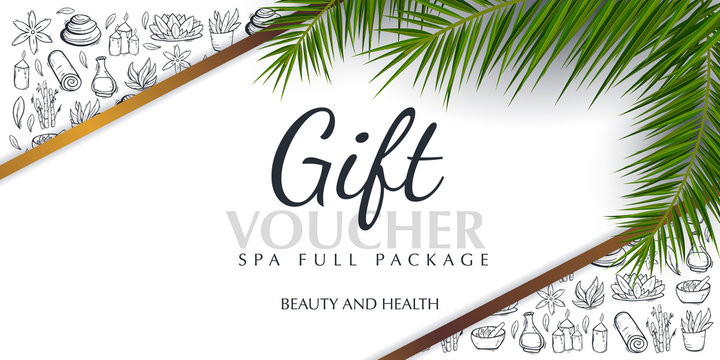 Spa or Beauty saloon Gift voucher with palm leaves and hand draw doodle background.
