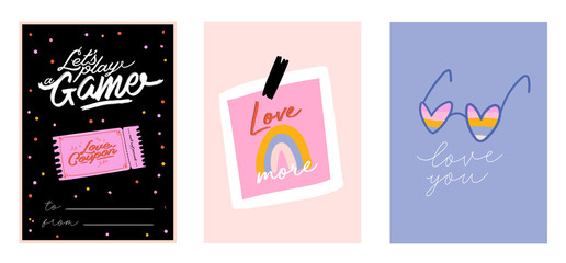 Beautiful love print with Valentines day elements. Romantic and cute elements and lovely typography. Vector hand drawn illustrations and lettering. Good for wedding, scrapbook, logo, t shirt design.