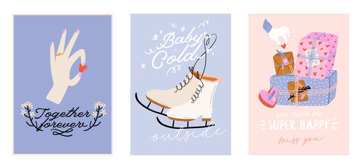 Beautiful love print with Valentines day elements. Romantic and cute elements and lovely typography. Vector hand drawn illustrations and lettering. Good for wedding, scrapbook, logo, t shirt design.