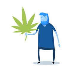 Cartoon man holding giant marijuana leaf. Cartoon design icon. Flat vector illustration. Isolated on white background.