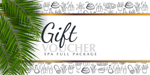 Spa or Beauty saloon Gift voucher with palm leaves and hand draw doodle background.