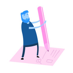 Cartoon man holding big pencil to complete checklist with tick marks. Cartoon design icon. Flat vector illustration. Isolated on white background.