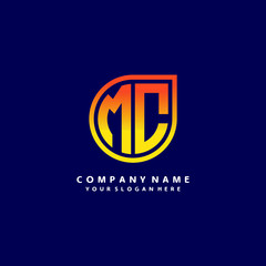 letter MC orange abstract logo, with a blue background