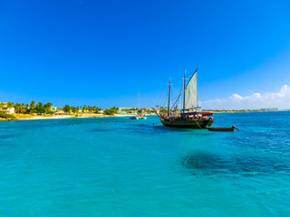 Tourists snorkeling along the coastline and enjoy the tropical island of Aruba