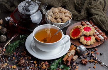 Tea in a cup on an old background