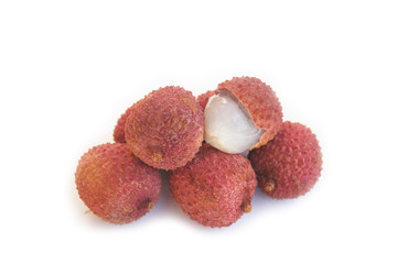 Fresh ripe litchi or lychee fruits isolated on white background. Litchi chinensis fruit