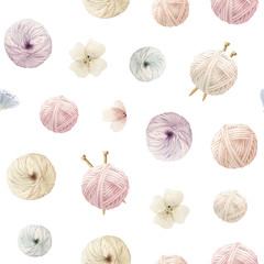 Hand painted watercolor seamless pattern (digital paper, background, texture) - with balls of yarn.