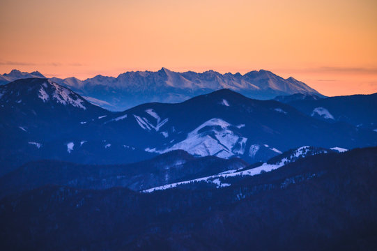 High Tatras panorama. Photo from Hill Krizna in slovakian mountains Velka Fatra. Sunrise light © kovop58