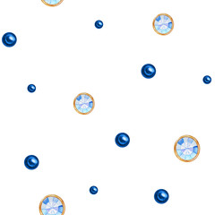 Polka dot seamless pattern Watercolor Christmas ball from trend classic blue crystal with gold element on white background. Fashion trendy colors brilliant, rhinestones. Beautiful bright jewelry shape
