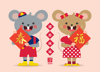 Cute cartoon mouse holding chinese couplet isolated on pink background. 2020 year of the rat, chinese new year flat design. (caption: welcome the spring that bringing happiness and luck)