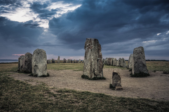 Night view of the mysterious Ales stones on the Swedish south east coast