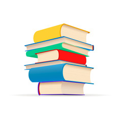 Pile of different colorful textbooks in stack isolated on white