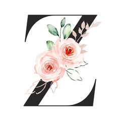 Letter z, alphabet with watercolor flowers roses and leaf. Floral monogram initials perfectly for wedding invitation, greeting card, logo, poster and other. Holiday design hand painting.