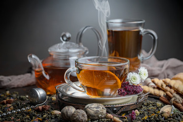 Tea in a cup on an old background