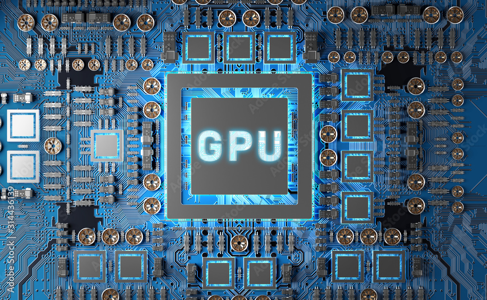 Fototapete Close-up view of a modern GPU card with circuit 3D rendering
