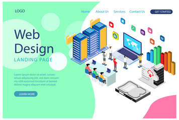 Modern isometric concept of Cloud Technology for banner and website. Landing page template. Data center, software solutions to share informations on digital network. Vector illustration.