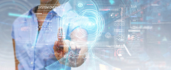 Woman using digital artificial intelligence head interface 3D rendering