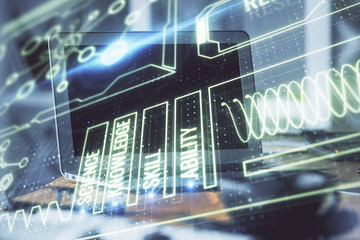 Obraz premium Desktop computer background and education theme drawing. Double exposure. Study concept.