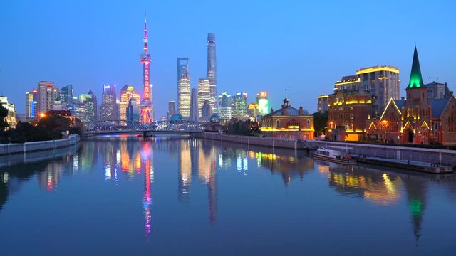 Quick motion video of Shanghai skyline with moving car and light,. Shanghai, China