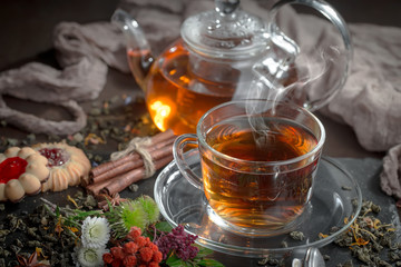 Tea in a cup on an old background