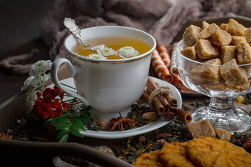 Hot tea in a cup with kitchen accessories 