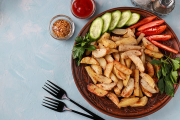 Baked potatoes served with tomatoes, cucumbers and parsley on a plate, Top view, Horizontal orientation, Closeup