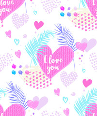 seamless pattern with a heart and tropical leaves, hearts drawn by hand in the style of Doodle, the print is suitable for Valentine's day on the white background