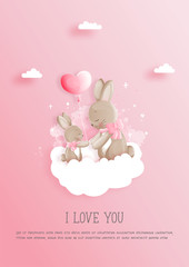 Obraz na płótnie Canvas Valentine's card with cute bunny and heart balloon