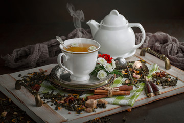 Tea in a cup on an old background