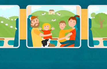Young Family with Children Traveling Together by Train.