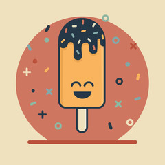 Cheerful smiling ice cream on a stick with icing and sprinkles