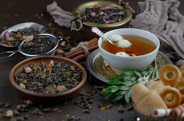 Tea in a cup on an old background