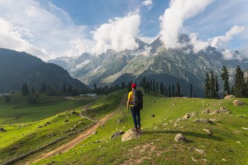 Hiker enjoy beautiful landscape of Sonamarg in summer season, Jammu Kashmir, India