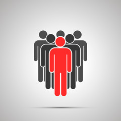 Collective of people silhouette with red leader, simple black icon with shadow on gray