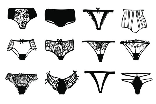 Set of black lace panties.  Underwear with lace flowers.High fit cowards.  Collection  Lace underclothes.Vector illustration isolated on white background. 
