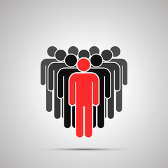 Crowd of people silhouette with red leader, simple black icon with shadow on gray