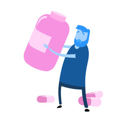 Cartoon man holding big bottle of pills in front of him. Cartoon design icon. Flat vector illustration. Isolated on white background.