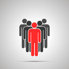 Group of people silhouette with red leader, simple black icon with shadow on gray