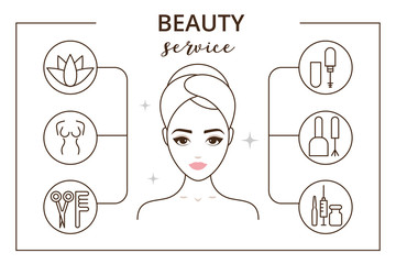 Beauty service vector illustration. Woman’s face thin line, nails, hairdresser, spa, body, make up and botox treatment services. .