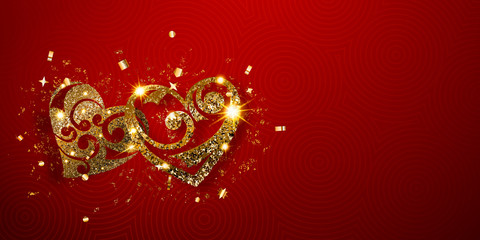 Valentine's day card with two shiny hearts of golden sparkles with glares and shadows on red background
