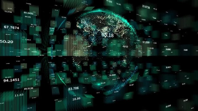 4k digital data globe;a scientific tech data network surrounding planet earth conveying connectivity;complexity and data flood of digital age.Business Data wall;Financial figures.network numbers.
