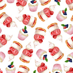 seamless watercolor pattern of cakes with meringue and raspberry cupcake with strawberry and blackberry on white background - 314444968