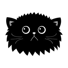 Black cat fluffy head face icon set. Cute funny cartoon character. Sad emotion. Kitty Whiske.r Baby pet collection. White background. Isolated. Flat design.