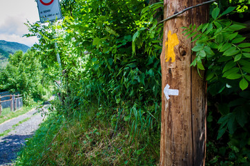 Una frecci e il simbolo del pellegrino indicano la direzione della Via Francigena nell'alta Val di...