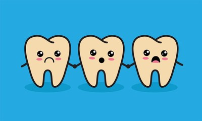 Tooth decay. Bad unhealthy teeth cute characters. Dental care background. 