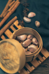 Garlic in a basket at the Chinese restaurant.