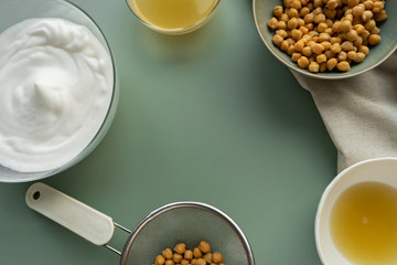 vegan cooking concept, egg replacement , chickpeas whipped aquafaba