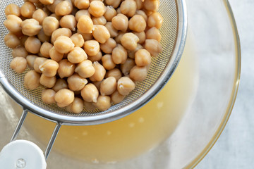 vegan cooking concept, chickpea aquafaba draining