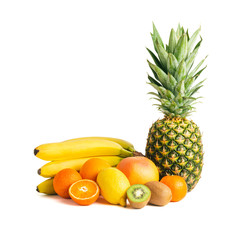 Assortment of tropical fruits, group of banana, kiwi, orange, tangerine, lemon, pineapple, grapefruit isolated on white background